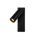 "A modern black bedside reading lamp with an adjustable cylindrical head and a rectangular base with a visible on/off switch, isolated on a white background."