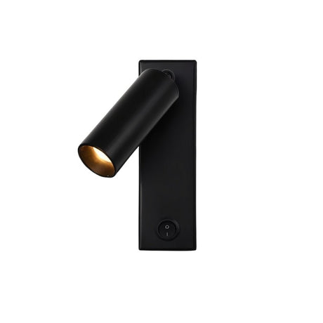 "A modern black bedside reading lamp with an adjustable cylindrical head and a rectangular base with a visible on/off switch, isolated on a white background."