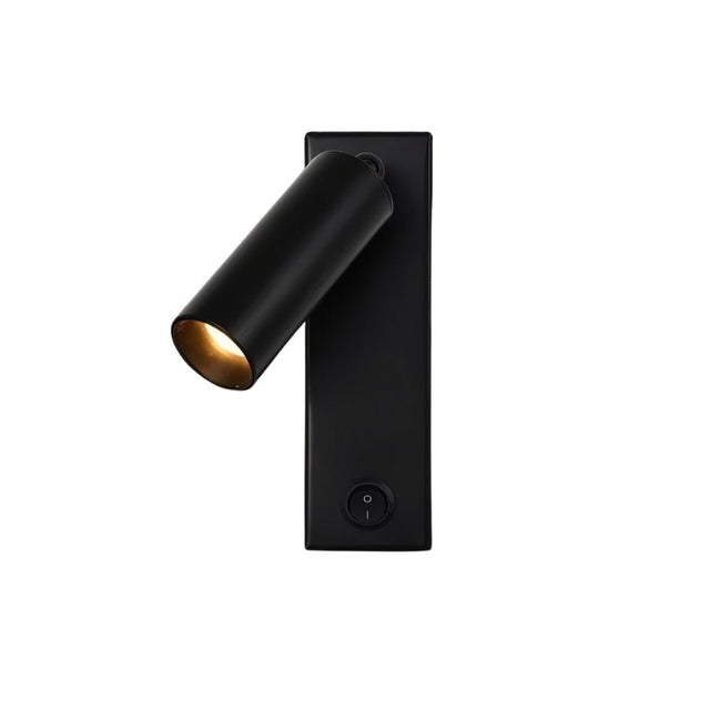 "A modern black bedside reading lamp with an adjustable cylindrical head and a rectangular base with a visible on/off switch, isolated on a white background."