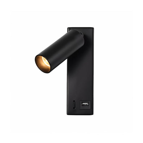 "A modern black bedside reading lamp with an adjustable cylindrical head and a rectangular base with a visible USB port, isolated on a white background."