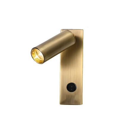 "A modern gold bedside reading lamp with an adjustable cylindrical head and a rectangular base with a visible on/off switch, isolated on a white background."