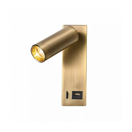 "A modern gold bedside reading lamp with an adjustable cylindrical head and a rectangular base with a visible USB port, isolated on a white background."
