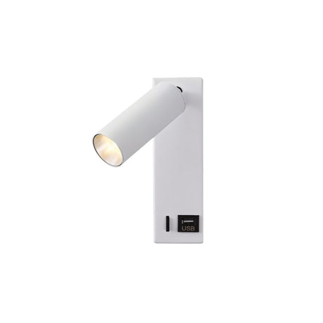"A modern white bedside reading lamp with an adjustable cylindrical head and a rectangular base with a visible USB port, isolated on a white background."