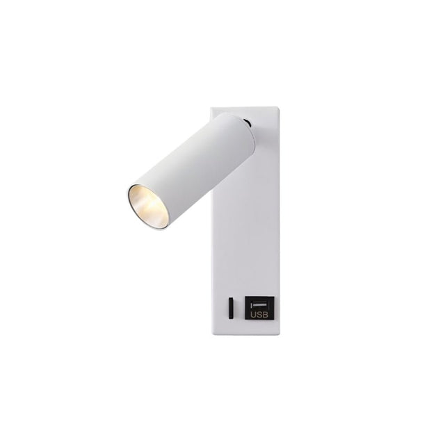 "A modern white bedside reading lamp with an adjustable cylindrical head and a rectangular base with a visible USB port, isolated on a white background."