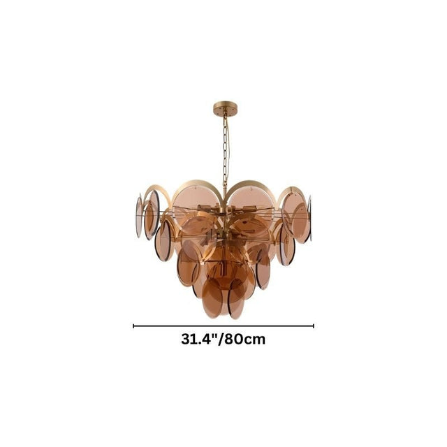 "A modern chandelier with layered smoked glass discs and a gold frame, suspended against a white background."