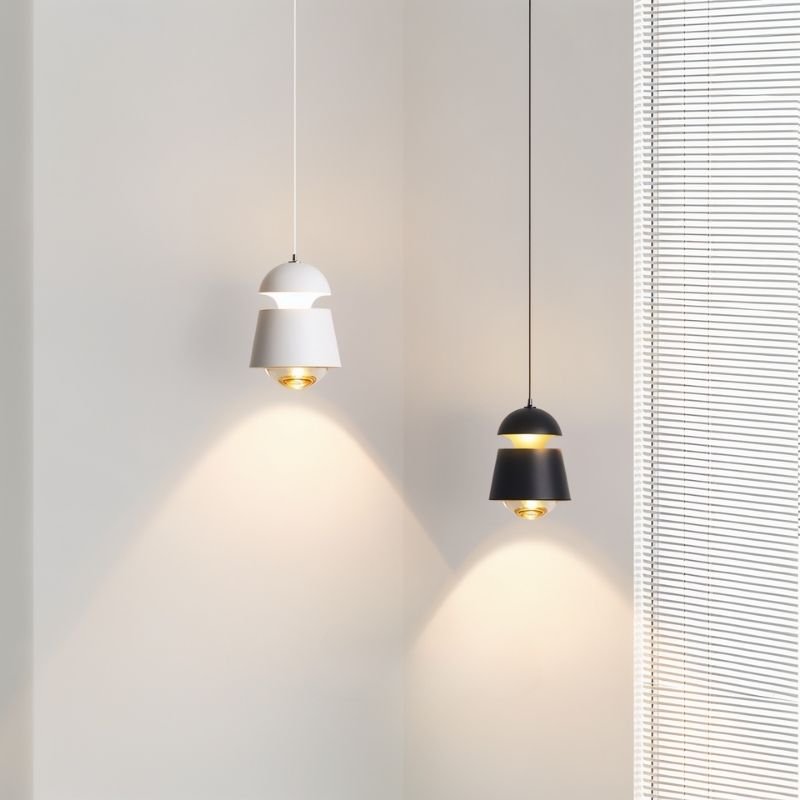"Versatile pendant lights in white and black, made from durable metal and glass, ideal for any modern space."