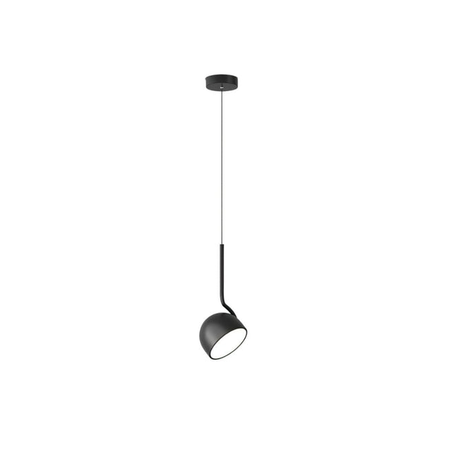 "A black, curved iron pendant light with a dome-shaped shade, isolated on a white background."