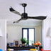 Black modern ceiling fan with curved blades mounted above a contemporary living room with plants and shelving.