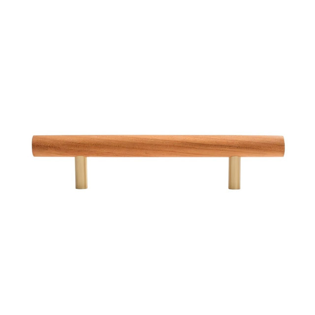 "Modern wooden pull bar handle with brass details on a white background."