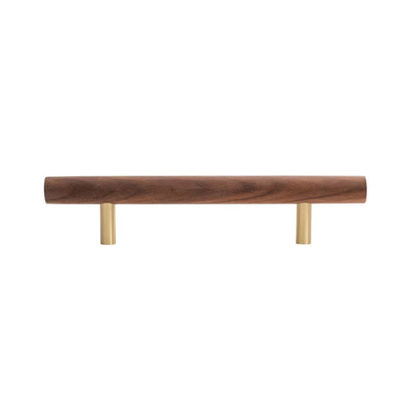 "Dark wood pull bar handle with brass details on a white background."