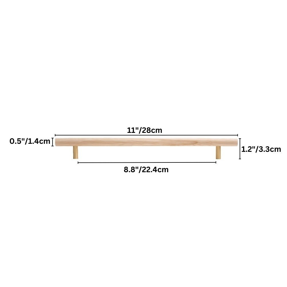 "Dimensions of a modern wooden pull bar handle, showing 11 inches in length, 0.5 inches in height, and 8.8 inches center-to-center width."