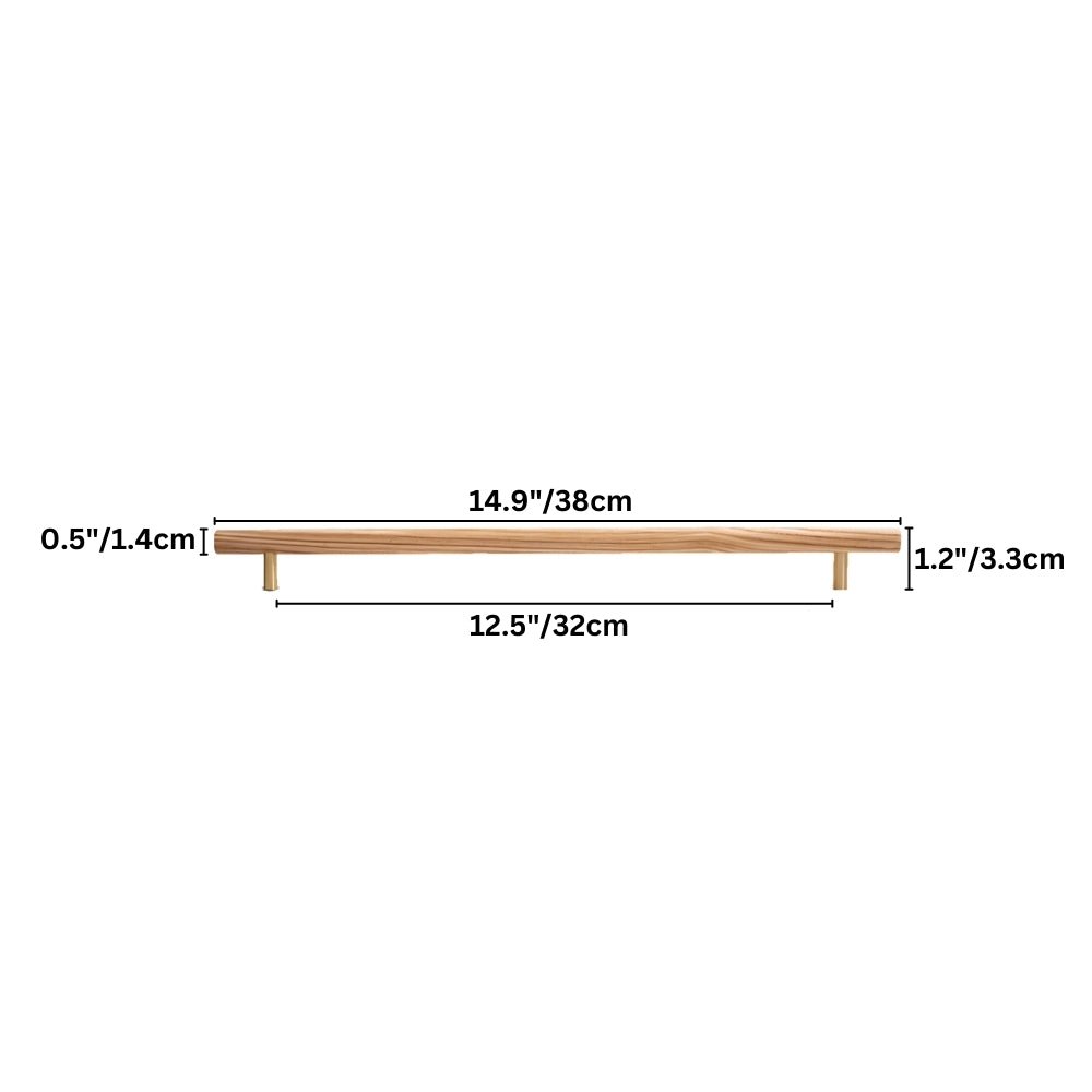 "Dimensions of a modern wooden pull bar handle, showing 14.9 inches in length, 0.5 inches in height, 12.5 inches center-to-center width, and 1.2 inches base diameter."