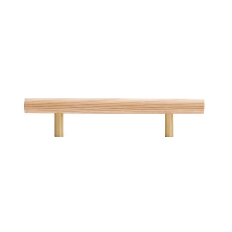 "Light wood pull bar handle with brass details on a white background."
