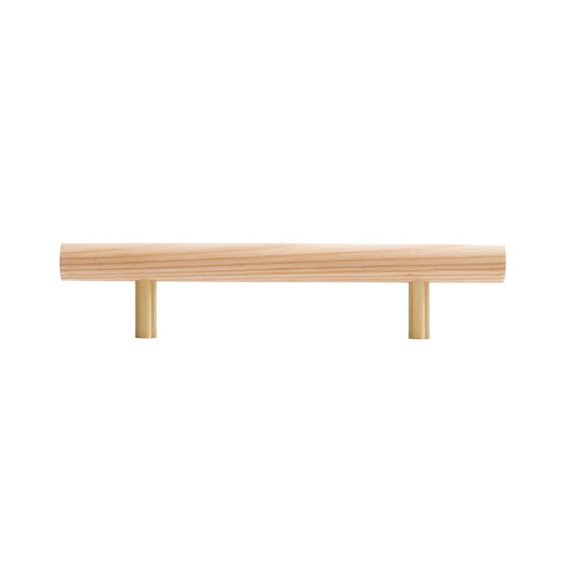 "Light wood pull bar handle with brass details on a white background."