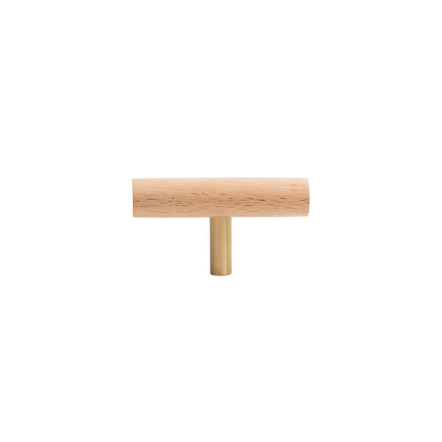 "Modern wooden T-bar knob with a brass accent on a white background."