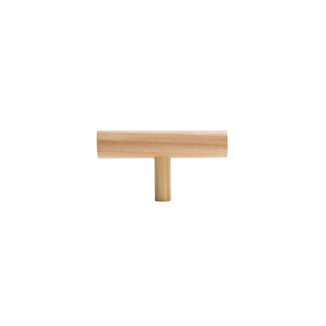 "Natural finish wooden T-bar knob with brass base on a white background."