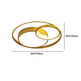 "Dimensions, 19.6 inches diameter, of a modern gold ceiling light with interlocking rings."