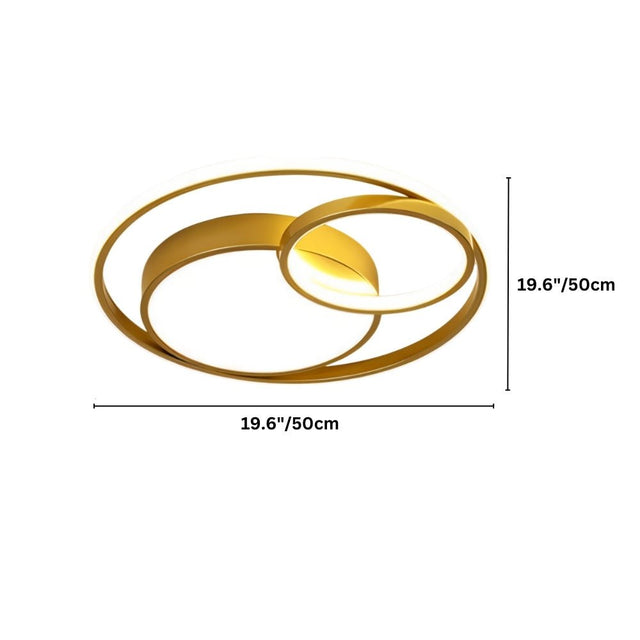 "Dimensions, 19.6 inches diameter, of a modern gold ceiling light with interlocking rings."