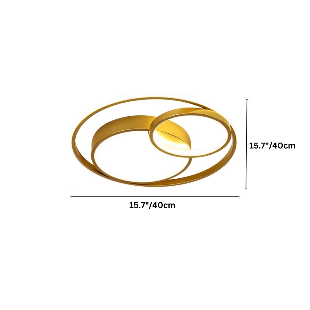 "Dimensions, 15.7 inches diameter, of a modern gold ceiling light with interlocking rings."