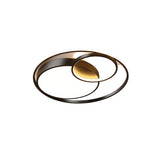 "A modern black and gold ceiling light with interlocking rings, isolated on a white background."