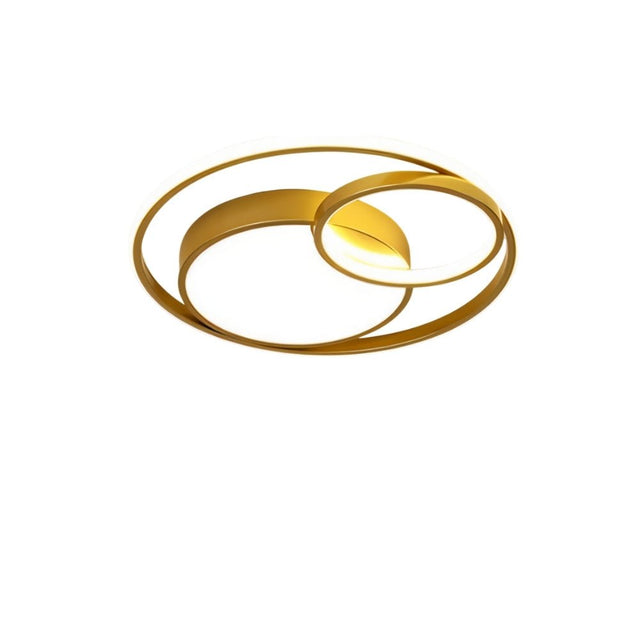 "A modern gold ceiling light with interlocking rings, isolated on a white background."