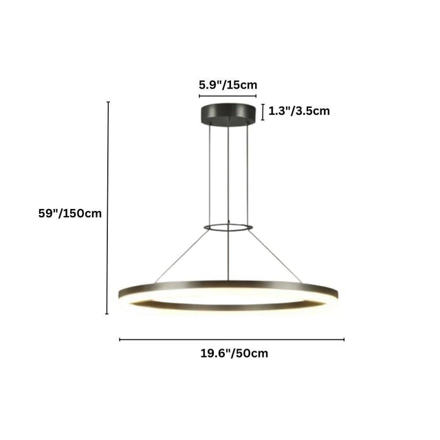 "Dimensions, 59 inches total height, 19.6 inches ring diameter, 5.9 inches canopy diameter, and 1.3 inches canopy height, of a modern ring chandelier."