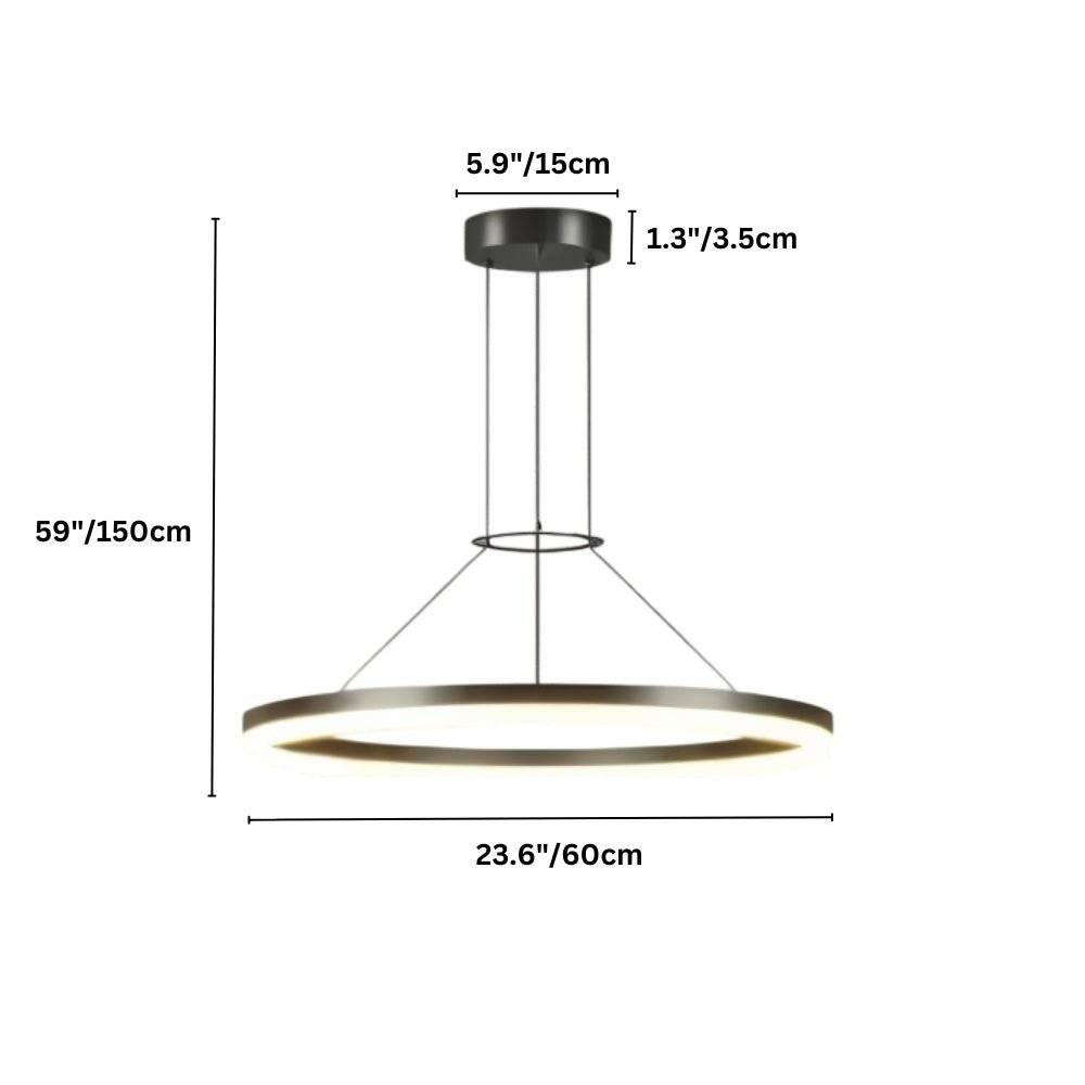 "Dimensions, 59 inches total height, 23.6 inches ring diameter, 5.9 inches canopy diameter, and 1.3 inches canopy height, of a modern ring chandelier."