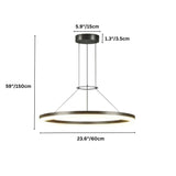 "Dimensions, 59 inches total height, 23.6 inches ring diameter, 5.9 inches canopy diameter, and 1.3 inches canopy height, of a modern ring chandelier."