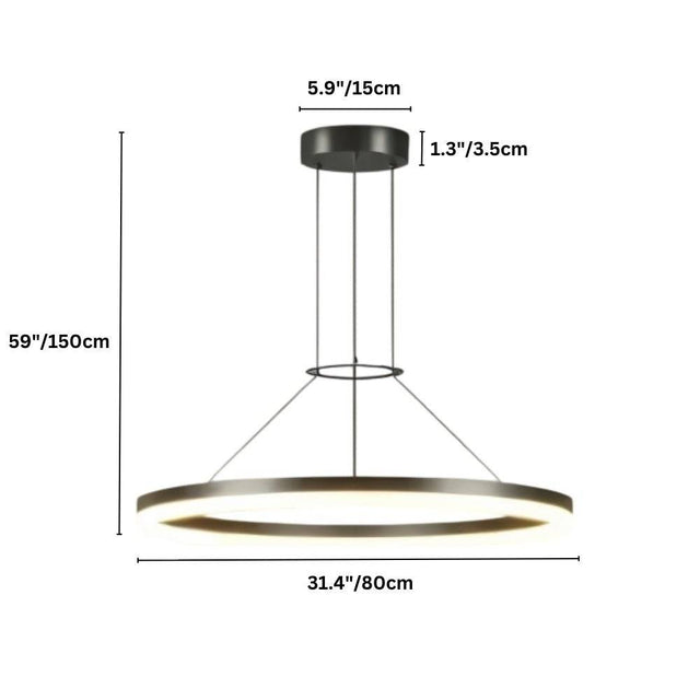"Dimensions, 59 inches total height, 31.4 inches ring diameter, 5.9 inches canopy diameter, and 1.3 inches canopy height, of a modern ring chandelier."