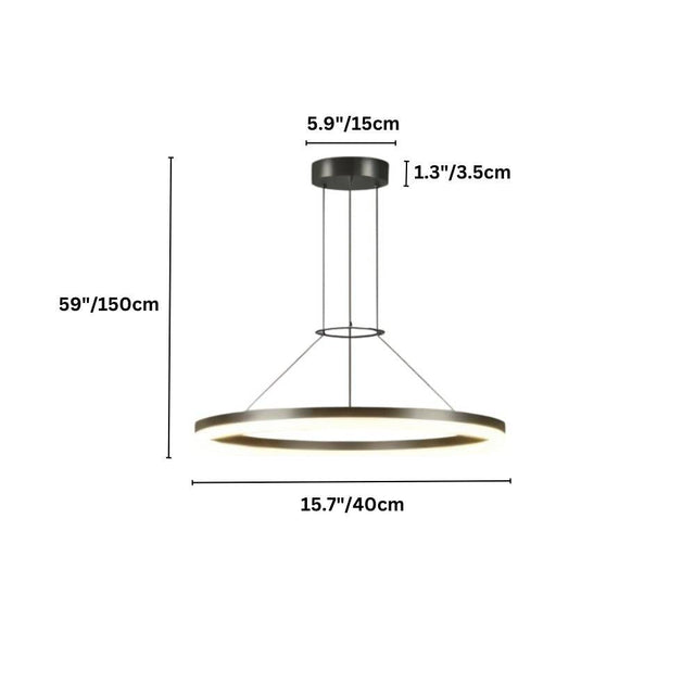 "Dimensions, 59 inches total height, 15.7 inches ring diameter, 5.9 inches canopy diameter, and 1.3 inches canopy height, of a modern ring chandelier."