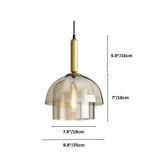 "Dimensions diagram of a modern pendant light with layered smoked glass shade and metallic accent."