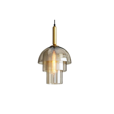 "Modern pendant light with layered smoked glass shade and metallic accent, isolated on a white background."