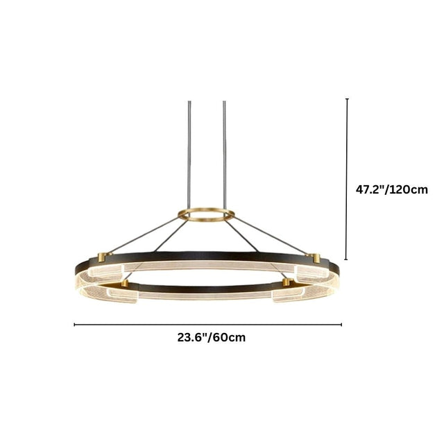 "Black and gold Capli chandelier with dimensions showing 23.6 inches/60 cm diameter and 47.2 inches/120 cm height."