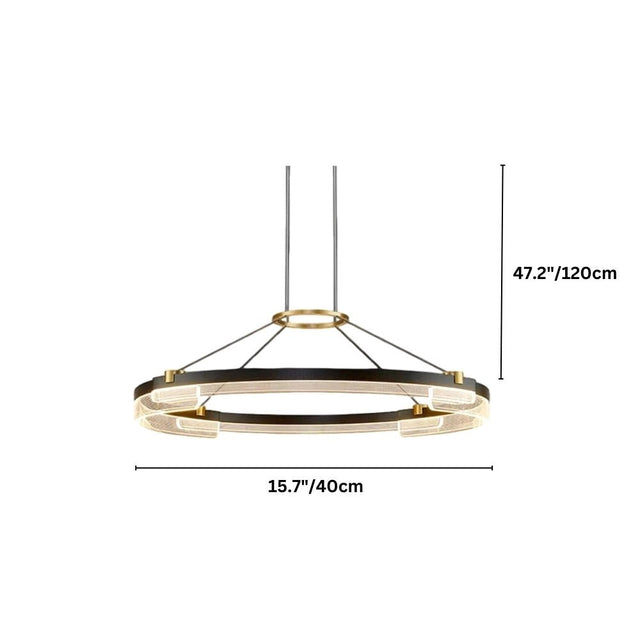 "Black and gold Capli chandelier with dimensions showing 15.7 inches/40 cm diameter and 47.2 inches/120 cm height."