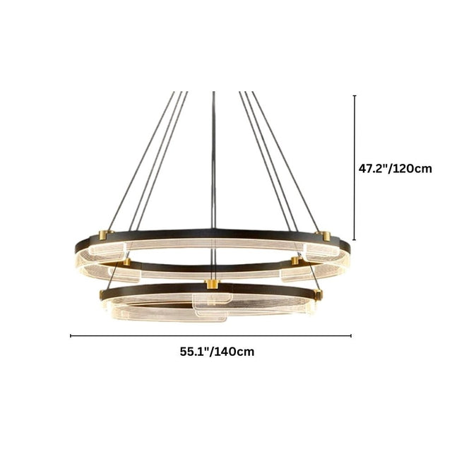 "Black and gold Capli chandelier with dual aluminum rings and dimensions showing 55.1 inches/140 cm diameter and 47.2 inches/120 cm height."
