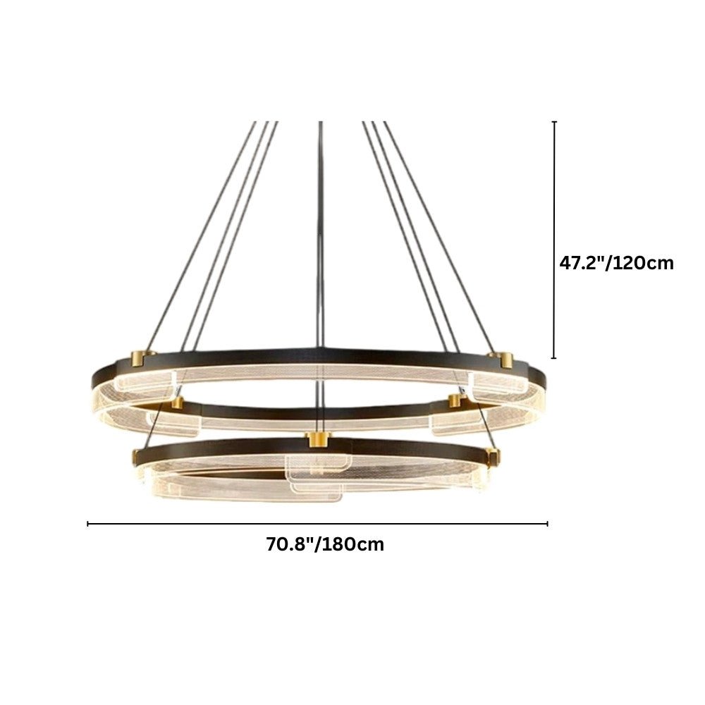 "Black and gold Capli chandelier with dual aluminum rings and dimensions showing 70.8 inches/180 cm diameter and 47.2 inches/120 cm height."