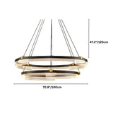 "Black and gold Capli chandelier with dual aluminum rings and dimensions showing 70.8 inches/180 cm diameter and 47.2 inches/120 cm height."