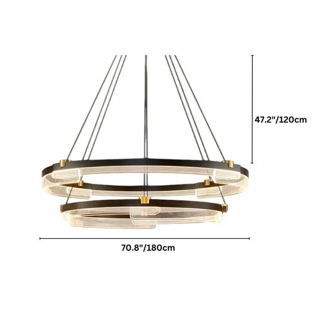 "Black and gold Capli chandelier with dual aluminum rings and dimensions showing 70.8 inches/180 cm diameter and 47.2 inches/120 cm height."