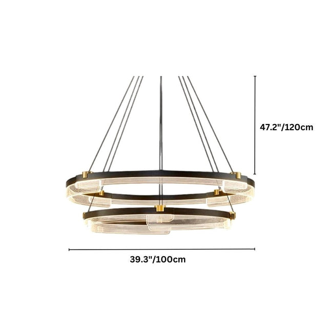 "Black and gold Capli chandelier with dual aluminum rings and dimensions showing 39.3 inches/100 cm diameter and 47.2 inches/120 cm height."