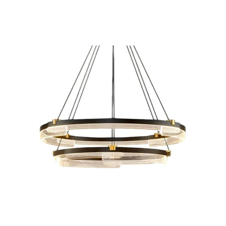 "Black and gold Capli chandelier with dual aluminum rings and acrylic diffusers, isolated on a white background."