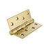 Polished brass heavy-duty door hinge with cylindrical pin and mounting holes displayed against white background.