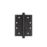 "A black solid brass barrel hinge with decorative finials, isolated on a white background."