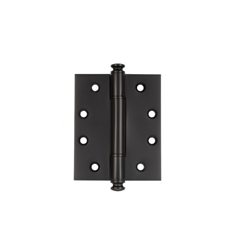 "A black solid brass barrel hinge with decorative finials, isolated on a white background."