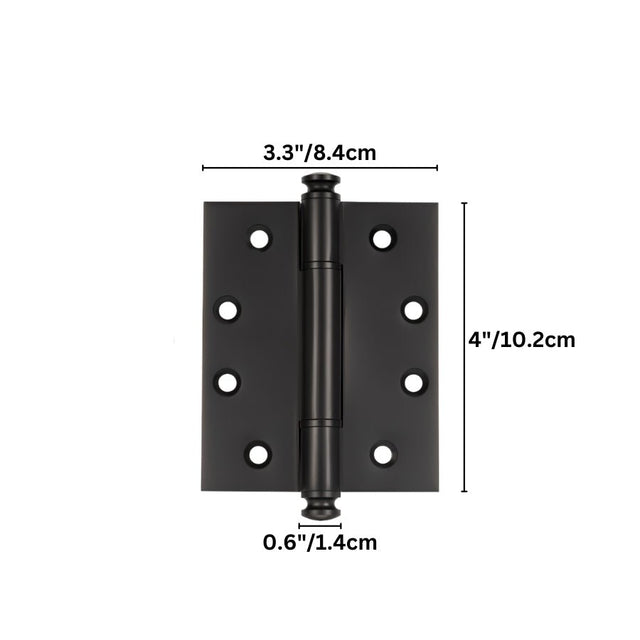 "A solid brass barrel hinge with decorative finials, shown with dimensions."