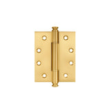 "A polished solid brass barrel hinge with decorative finials, isolated on a white background."