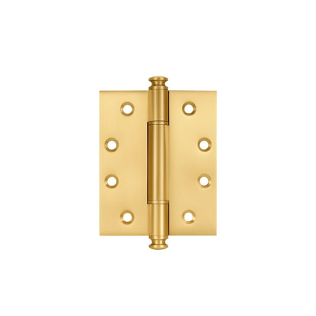 "A polished solid brass barrel hinge with decorative finials, isolated on a white background."