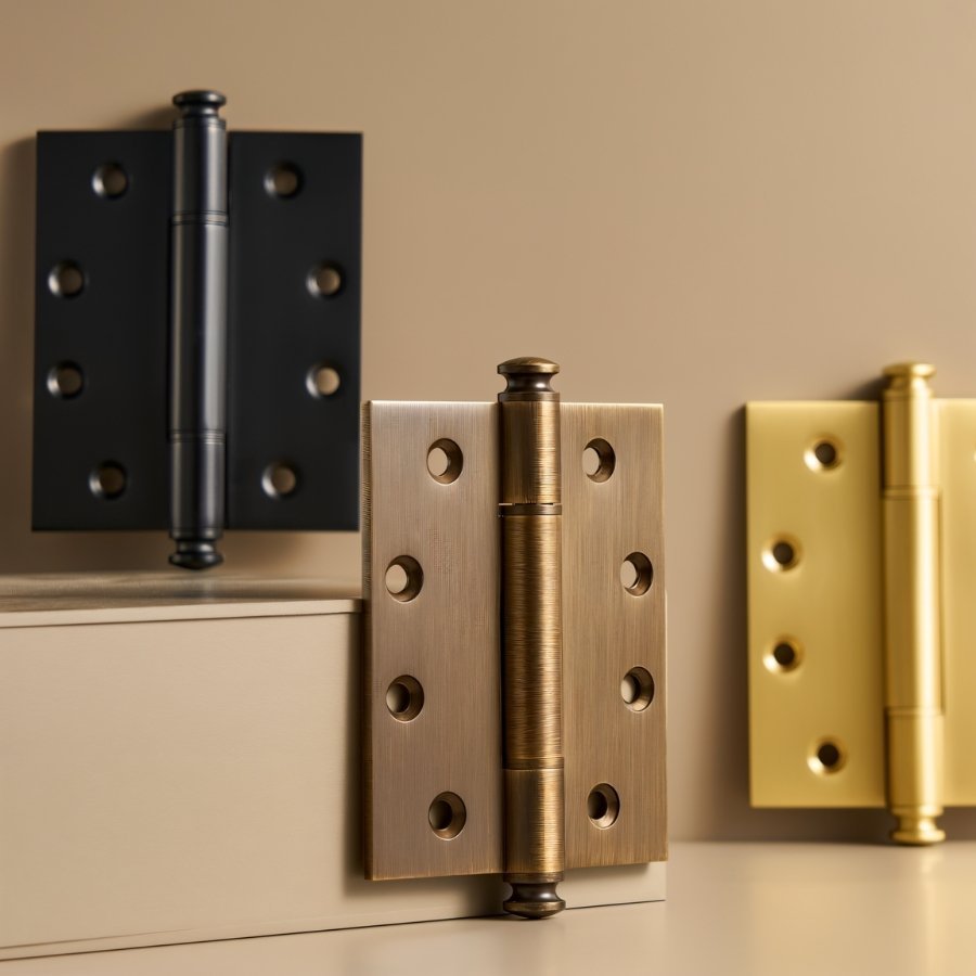 "Three solid brass barrel hinges with decorative finials in black, antique, and polished finishes, shown on a beige background."