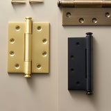 "Three solid brass barrel hinges with decorative finials in polished, antique, and black finishes, shown with screws on a light background."