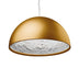 Gold dome pendant light with ornate white plaster interior, suspended against a white background.