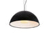 Black dome-shaped pendant light with white interior and illuminated diffuser, hanging against white background.